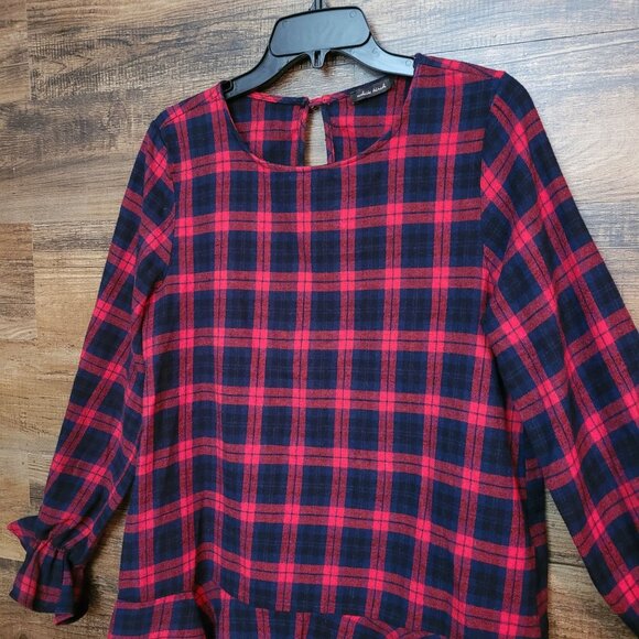 WHITE BIRCH Top Womens L Flannel Plaid Ruffle Hem Bell Sleeve Boho Cottagecore - Picture 2 of 10